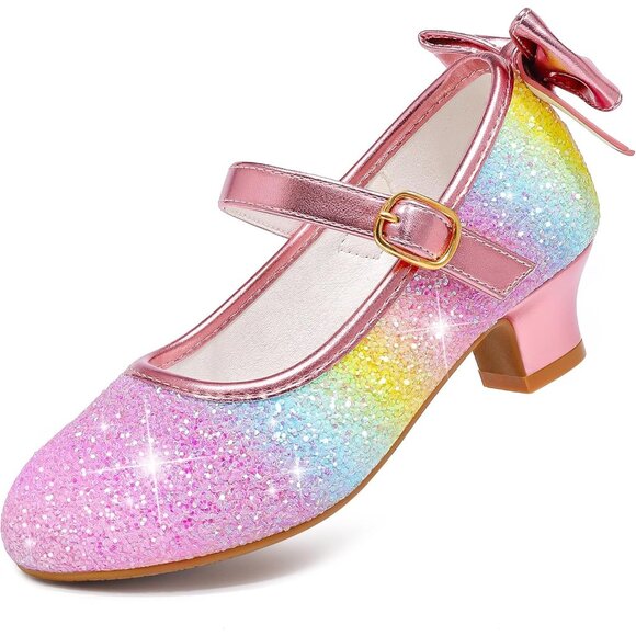 Girls Elegant Sequin Rainbow Girl Mary Jane Glitter Princess Wedding Dress Shoes - Picture 1 of 7